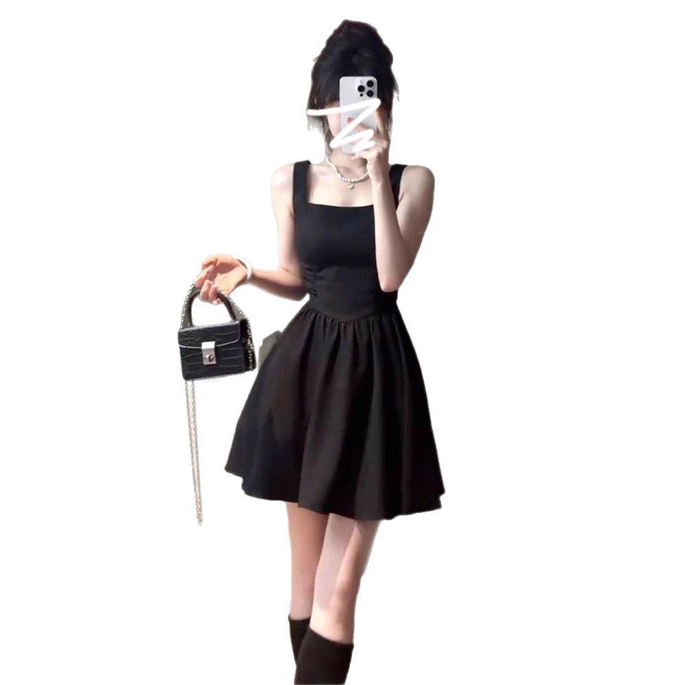 Women's 2025 French Hepburn Black Spaghetti Strap Dress - Slimming & Sexy Summer Style