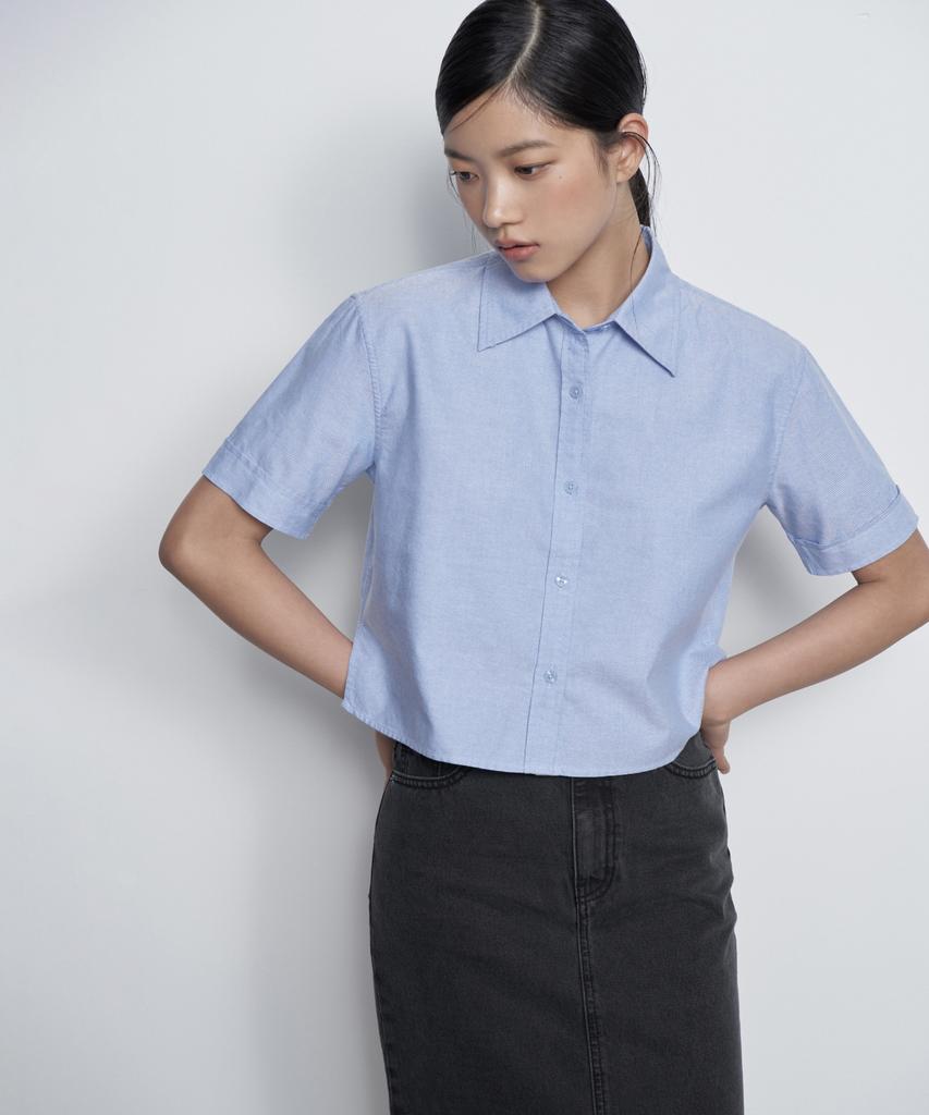 MUSINSA STANDARD WOMAN Women'S Oxford Crop Short Sleeve Shirt [Blue]
