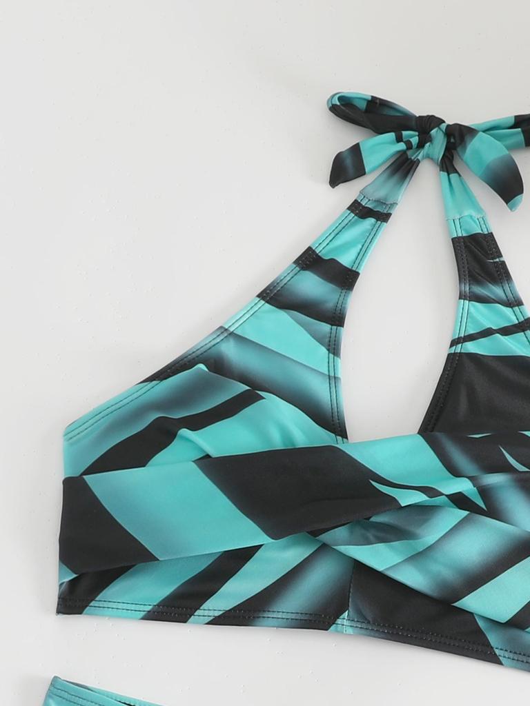 2024 Women's European & American Print Crisscross Halter Bikini Swimsuit