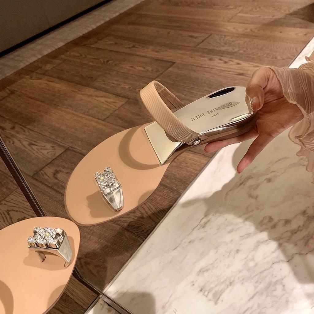 Spot Second Hair! Fashion Versatile New Pigeon Egg Second Generation Rhinestone Clip Toe Flat Bottom Slippers Women's Sandals Outside