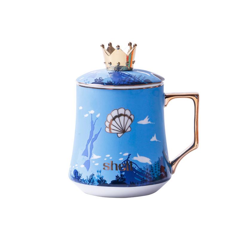 350ML Personalized Mermaid Couple Mug With Lid And Spoon Creative Ceramic Crown Cup Gift For Mens and Womens