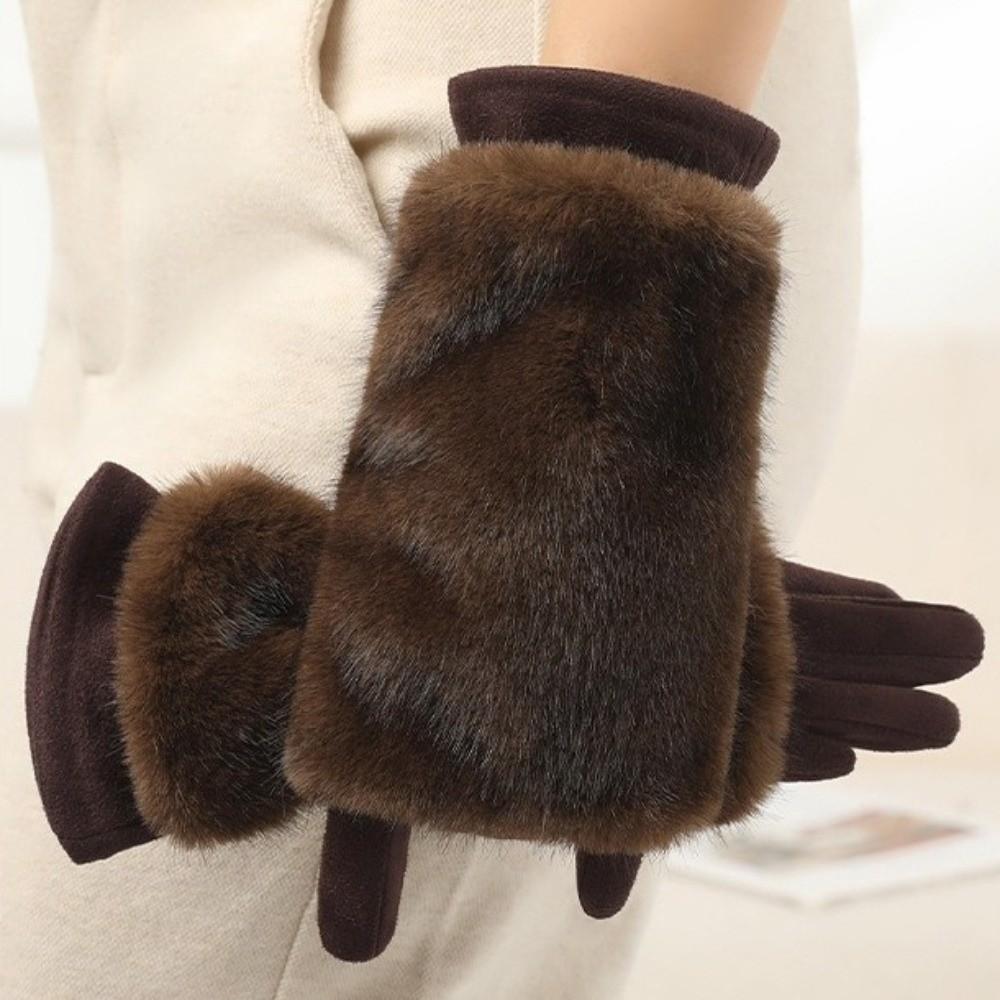 Solid Color Women Winter Gloves Rabbit Faux Fur Thermal Mittens Fashion Suede Gloves Girl