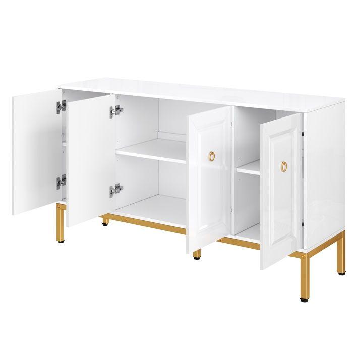 Buffet 140 x 40 x 80 cm - 4 portes - Avec étagères réglables - Finition brillante - Blanc + Or