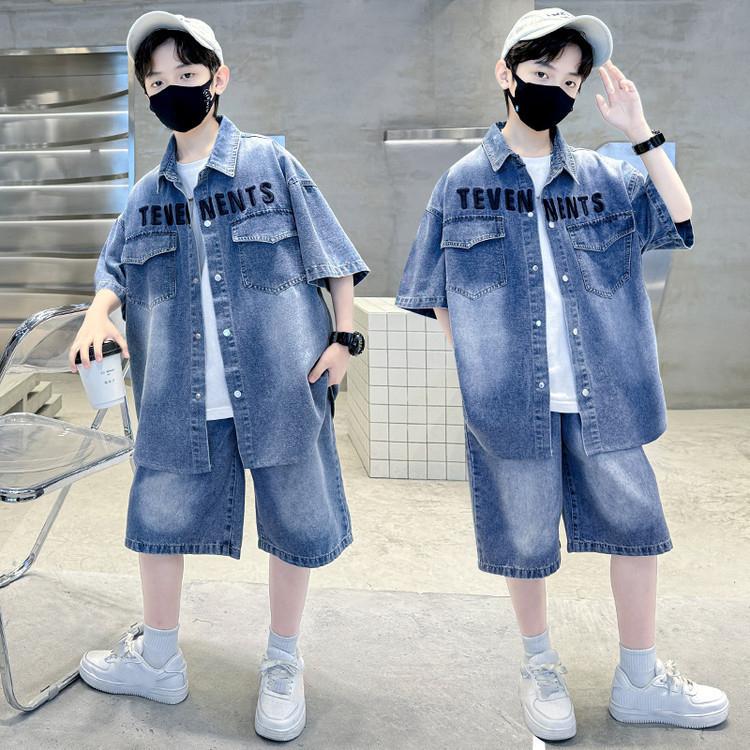 Boys Denim Suit Summer Children's Short Sleeve Shirt Shorts Sports Korean Tracksuit Sets Kids Suit