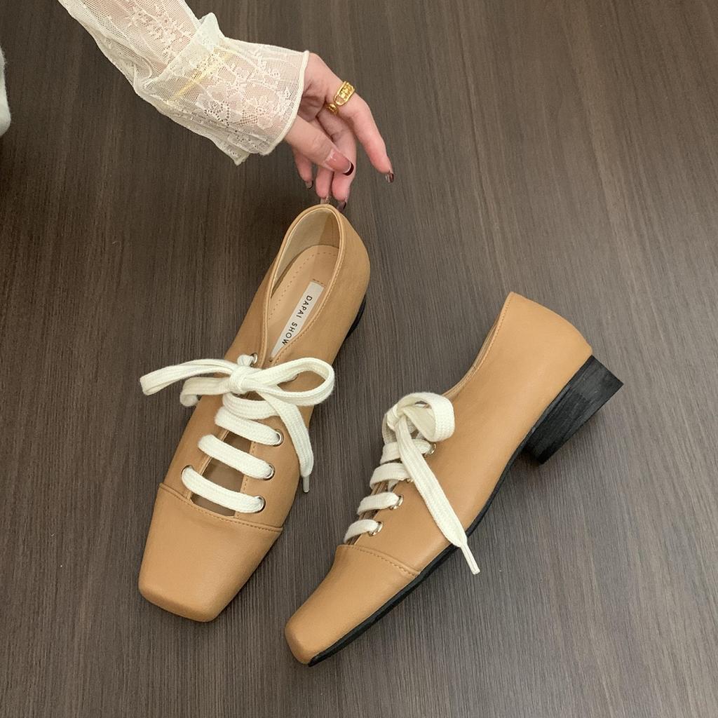 Fashion Bailamos 2025 Women Flats Lace Up Ladies Square Toe Flat Heel Sandals Spring Loafers Shoes Casual Oxford Shoes Female Flats Muje