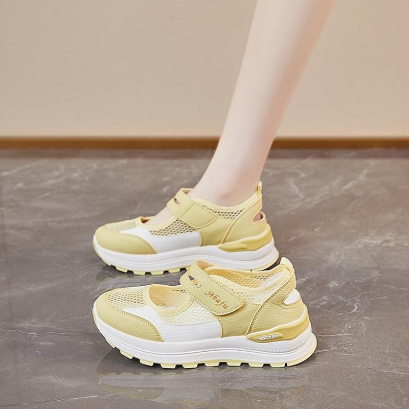 

Дышащая женская обувь из сетки с полыми отверстиями, летняя новая универсальная повседневная спортивная обувь, модные полубосоножки на липучках 35 жёлтый