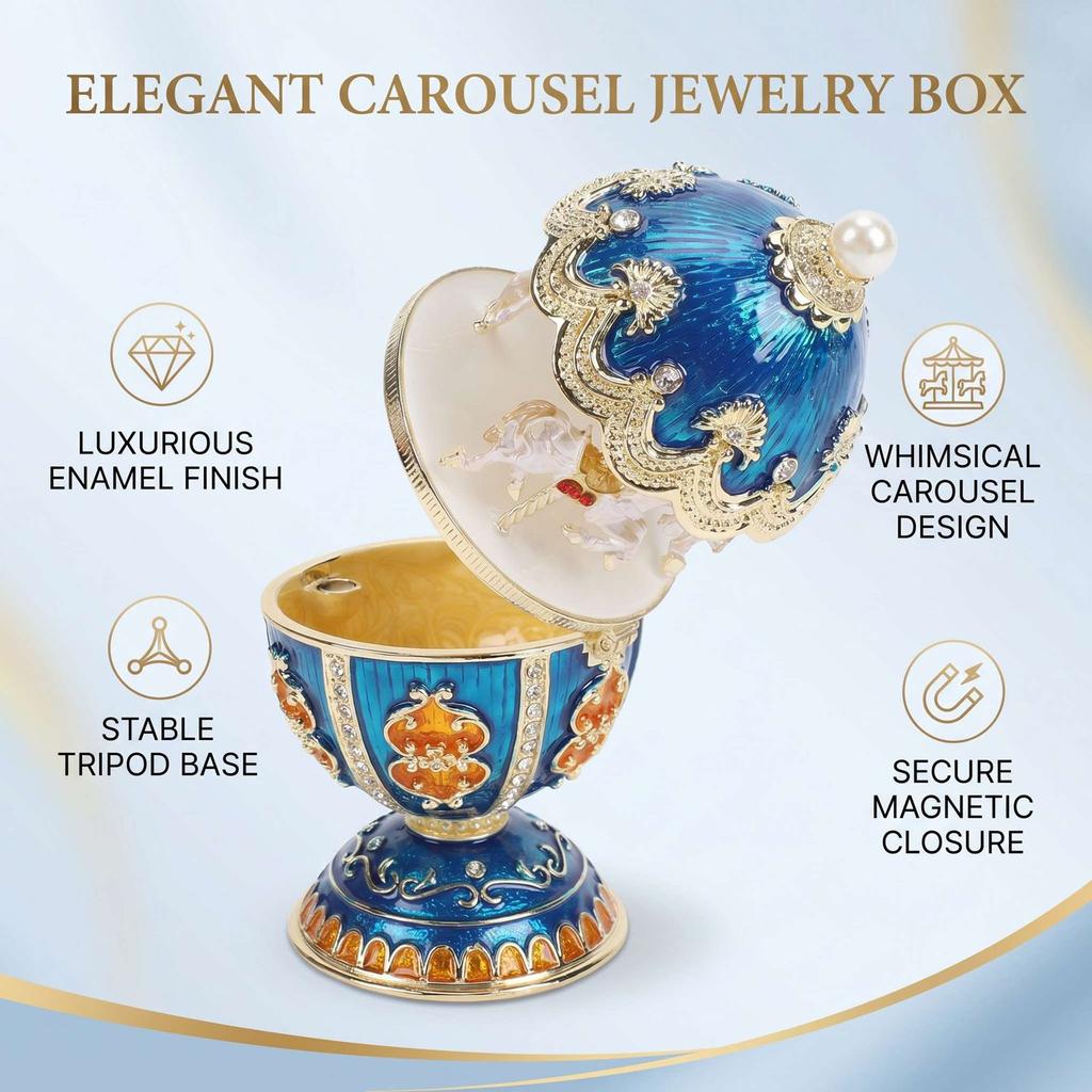 Carousel Jewelry Box Magnetism Egg Shaped Rotating Horse Rhinestone Enamel Jewelry Storage Box Blue