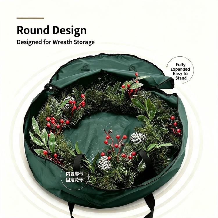 Home Wreath Storage Bag, Round Fabric Case with Carry Handle for Holiday Closet Organization and Shelf Storage