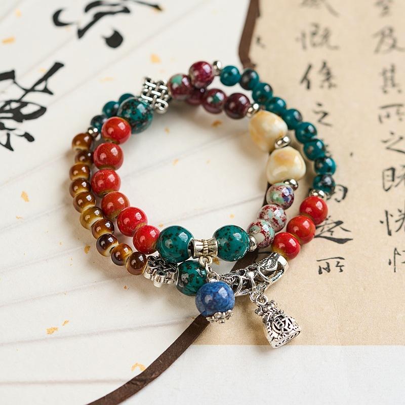 Jingdezhen Ceramic Bracelet New Chinese Style Student Antique Double Circle Beaded Bracelet Jewelry Hand-woven