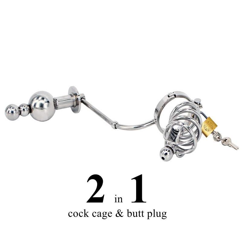 Lock Him Cage & Beads Plug 304 Stainless Steel Adjustable Chastity Cage BDSM