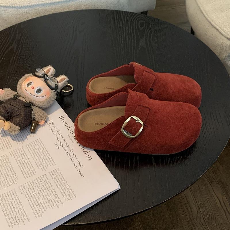 Height increase 4cm~ 2025 autumn and winter thick-bottomed retro cow anti-velvet small gold buckle bag head lazy velvet Birken half slippers