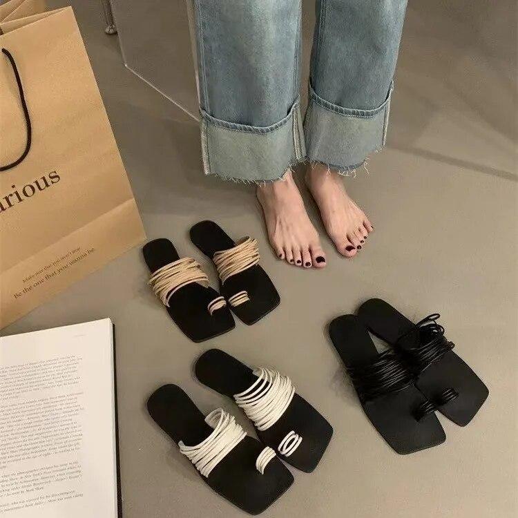 Summer Women Sandals Outdoor  Open Toe Flat Slippers Women Square Head Bow Beach Women Shoes