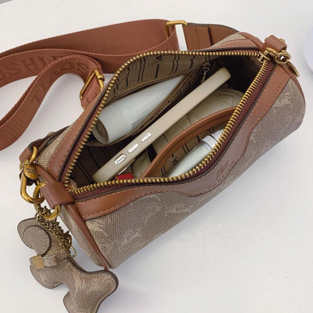 Women's fashionable wide shoulder strap cylindrical bag retro printed pillow bag shoulder bag crossbody bag