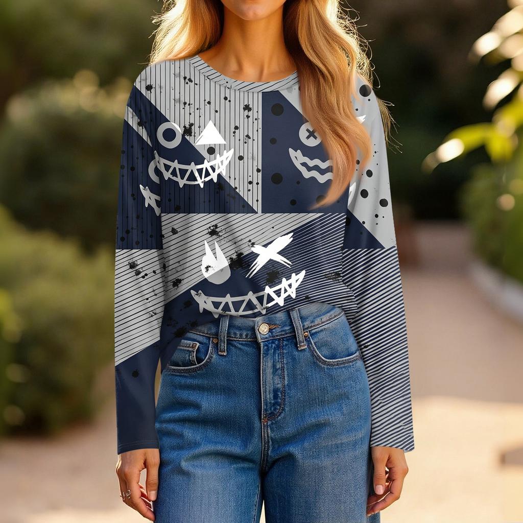 Women's Halloween Print Long Sleeve Top with Round Neck and Hem Slit for Casual Party Wear