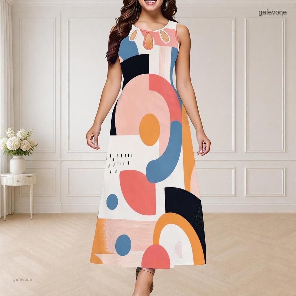 Women Plus Size Round Neck Triple Keyhole Cutout Sleeveless Printed Long Dress