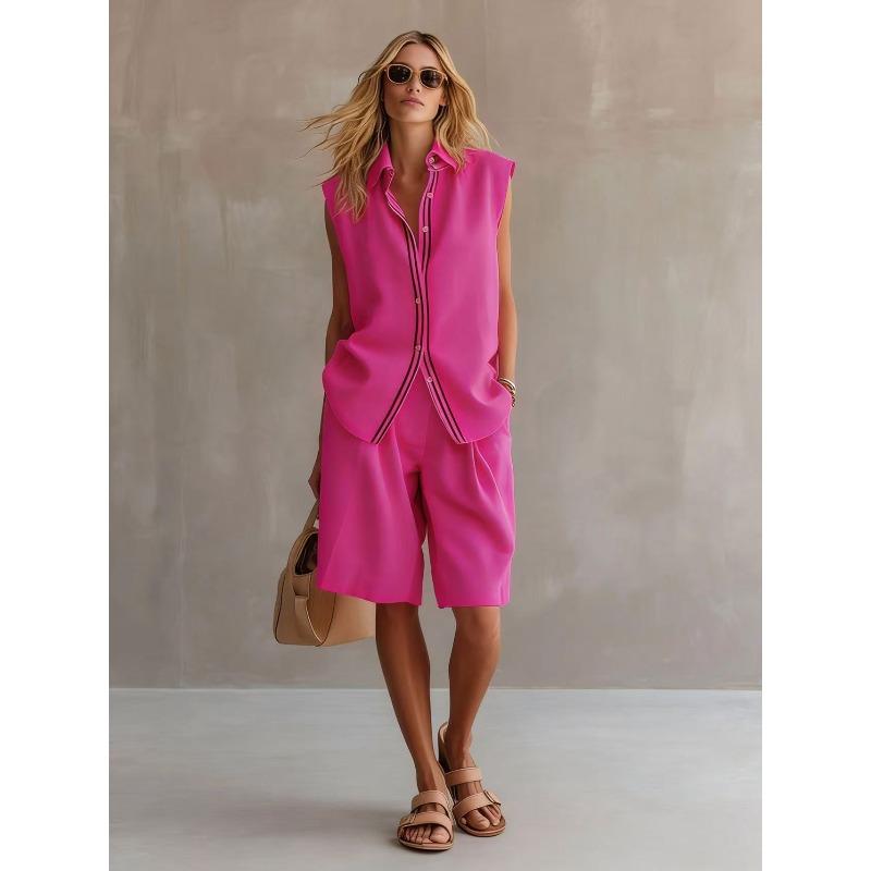 Summer New Style Fashionable Casual Two-piece Women's Single-button Sleeveless Shirt Set