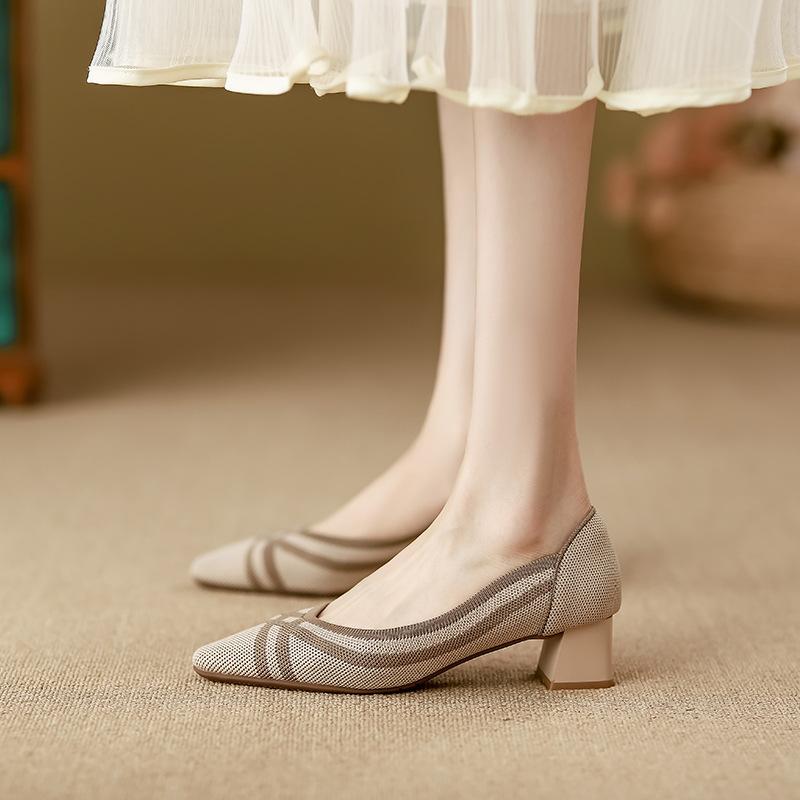 

Новые толстые каблуки с маленькой квадратной головкой, легкие вязаные туфли с подходящим цветом, женские модные туфли-одиночки 34