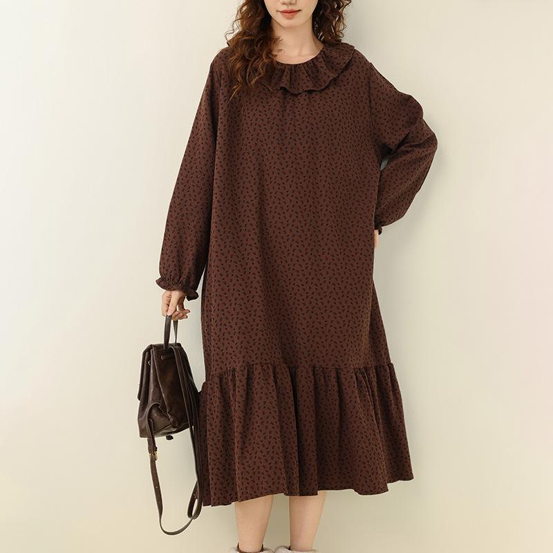 

Autumn Retro Floral Cotton Linen Dress with Ruffle Collar and Long Sleeves One Size кавовий