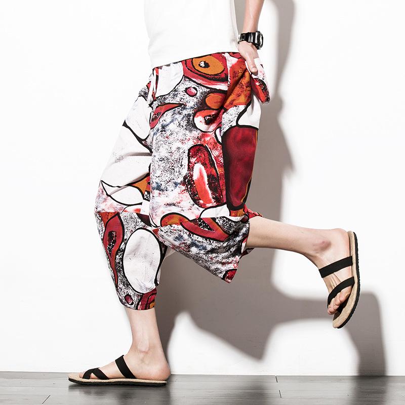 Men's Multicolor Thai Wide-Leg Bloomers - Cotton & Linen Beach Pants, Chinese Style, Spring/Summer.