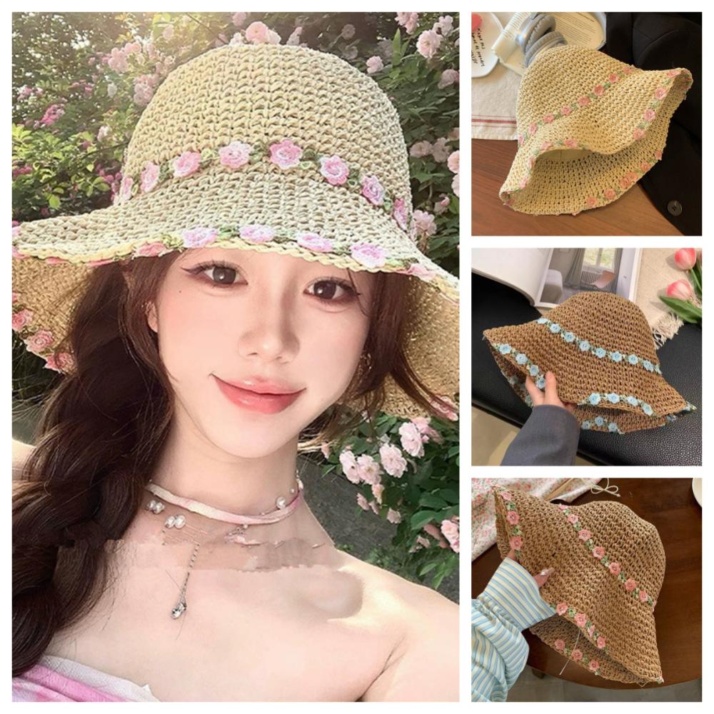 Wide Brim Beachside Sun Hat Fishing Cap Summer Beach Hat Flower Lafite Straw Hat  Outdoor