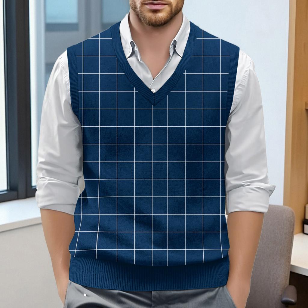 Men's Plaid Printed Sleeveless V-neck Vest Knit Jumper