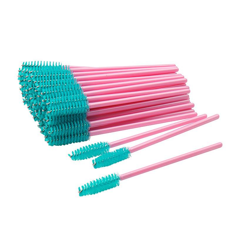 50-Pack Disposable Eyelash Brushes - Portable Pink-Handled Makeup Tool for Eyebrow and Eyelash Application.