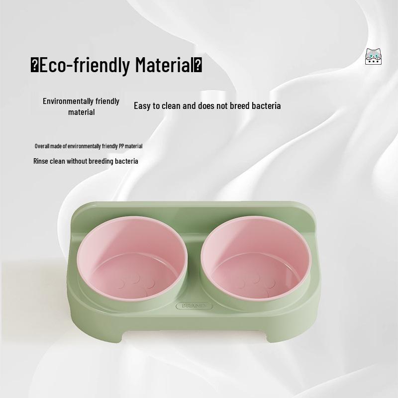Eco-friendly Double Cat Bowl with Slanted Design - Protects Cervical Spine and Prevents Overturning, Suitable for Food and Water.