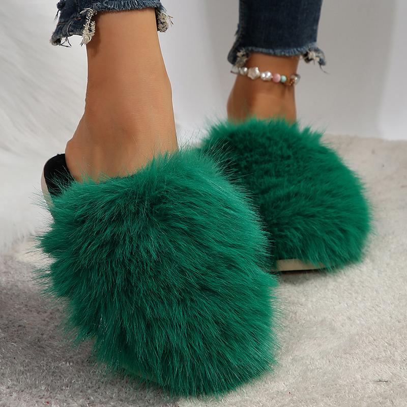 Fashion Closed Toe Fluffy Fur Slippers for Women Winter Plush Warm Indoor Home Slippers Woman Lightweight Flat Heels Couple Furry Slides