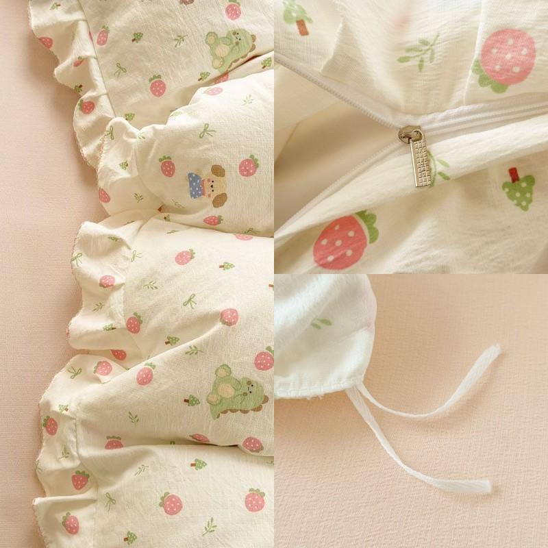 Ins Strawberry Bedding Set Spring Summer Soft Ruffles Princess Floral Duvet Cover No Filler Pillowcase Bed Sheet Quilt Cover