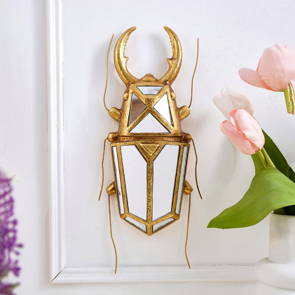 Golden Insect Mirror Insect Beetle Resin Handicraft Mirror Pendant Wall Decoration Mirror Wall Hanging Centipede Room Decor