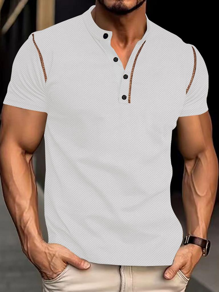 Mens Muscle Slim Henley Shirts Short Sleeve Athletic T-Shirts Summer Button Tees