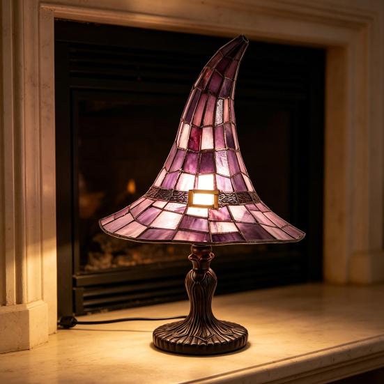 Yousheng Buntglas Hexenhut Lampe, USB-betriebenes Nachtlicht, Handgefertigte Harz-Buntglas Schreibtischlampe, Halloween Gothic Dekor für Schlafzimmer