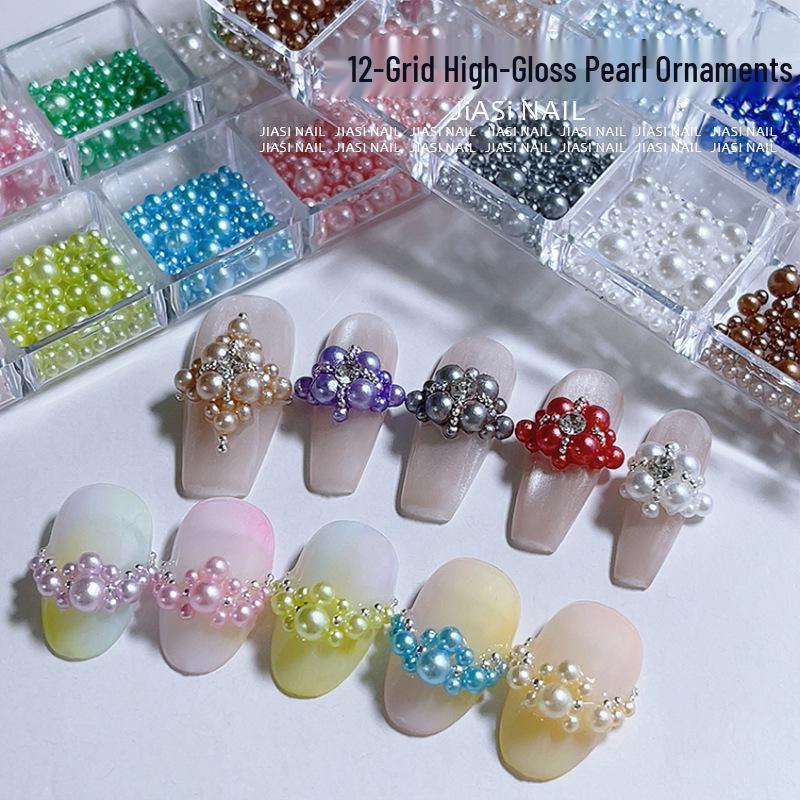 Christmas 12-Grid Mixed Color Pearl Nail Art High-Gloss 3D Beads Decorations