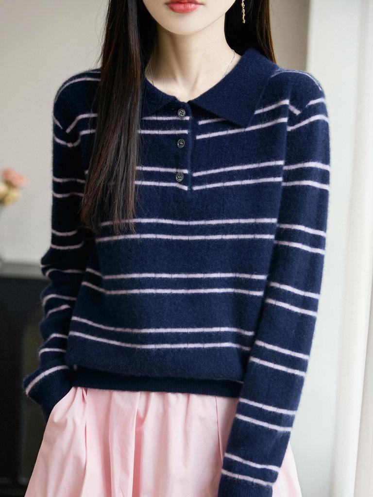 2025 Fall Women's Pure Wool Casual Stripe Polo Collar Long Sleeve Sweater
