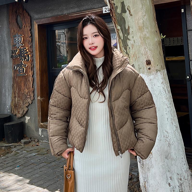 Women’s Short Stand Collar Houndstooth Windproof Thicken Warm Winter Jacket