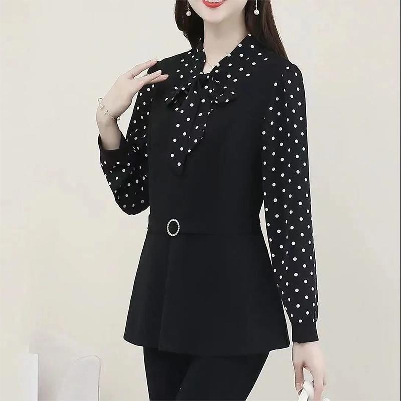 Autumn Women's Fack Two Piece Print Pactchwork Bow Shirt Female Elegant Fashion Long Sleeve Blouse Office Lady Blusa Top