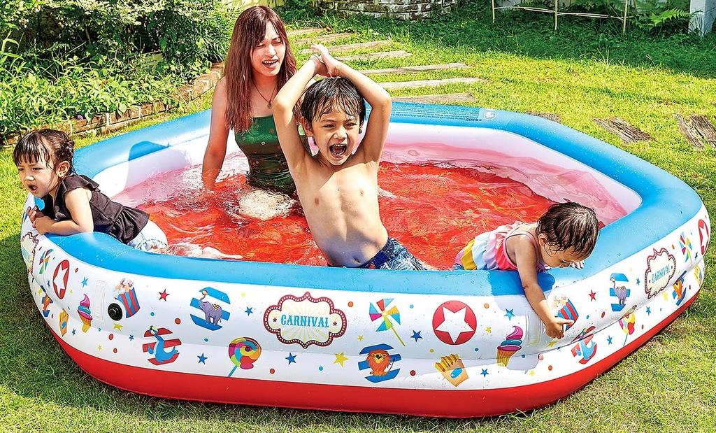 JILONG Circus Tent Pool, 223 X 208 X 38cm (inflated Size), with Large Air Valve and Drain Plug, JL-685009, WhiteBlueRed
