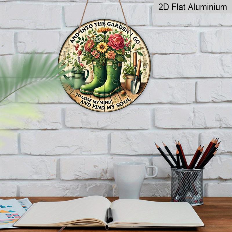 2D Flat, 1pc Round Aluminum Metal Wall Sign, Rustic Style "Welcome to My Garden" Wall Decor - A Product with Floral and Gardening Tool, Suitable for