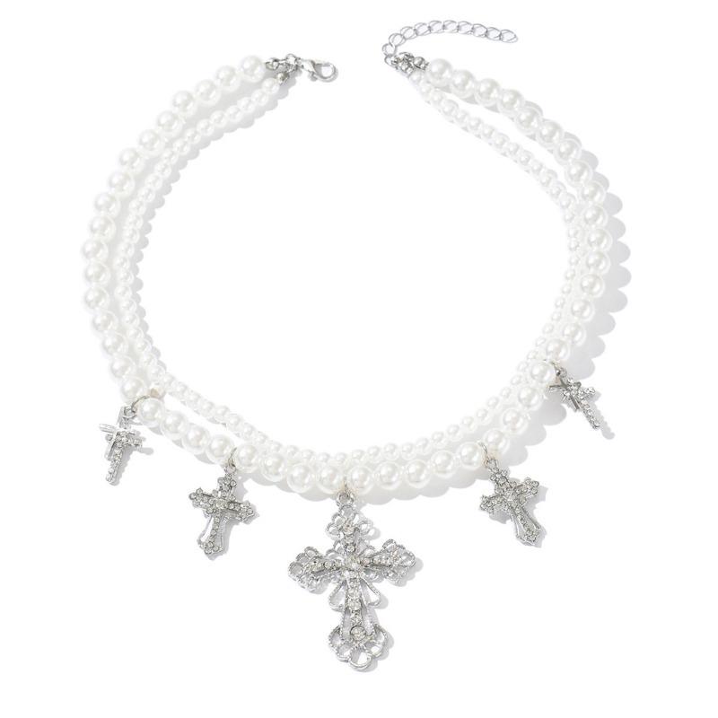 Double Stacked Imitation Pearl Necklace Light Luxury High Sense Diamond Set Cross Pendant Collarbone Chain