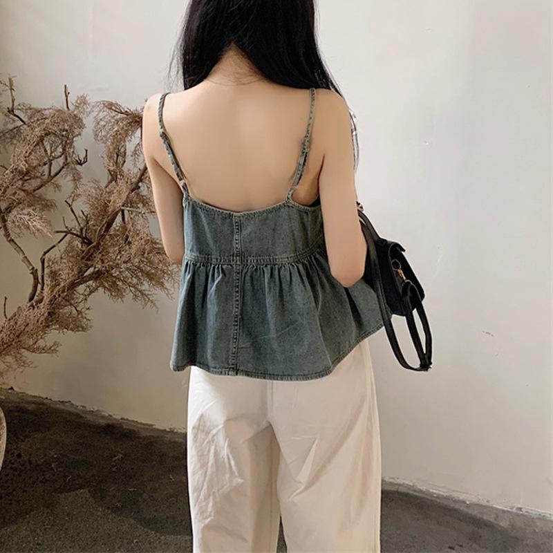 Elegance Casual Stylish Vest Short Denim Camisole V-neck Undershirt Layered Pleated Design Sense Ruffles Inner Wear Outside Sleeveless Tops Women