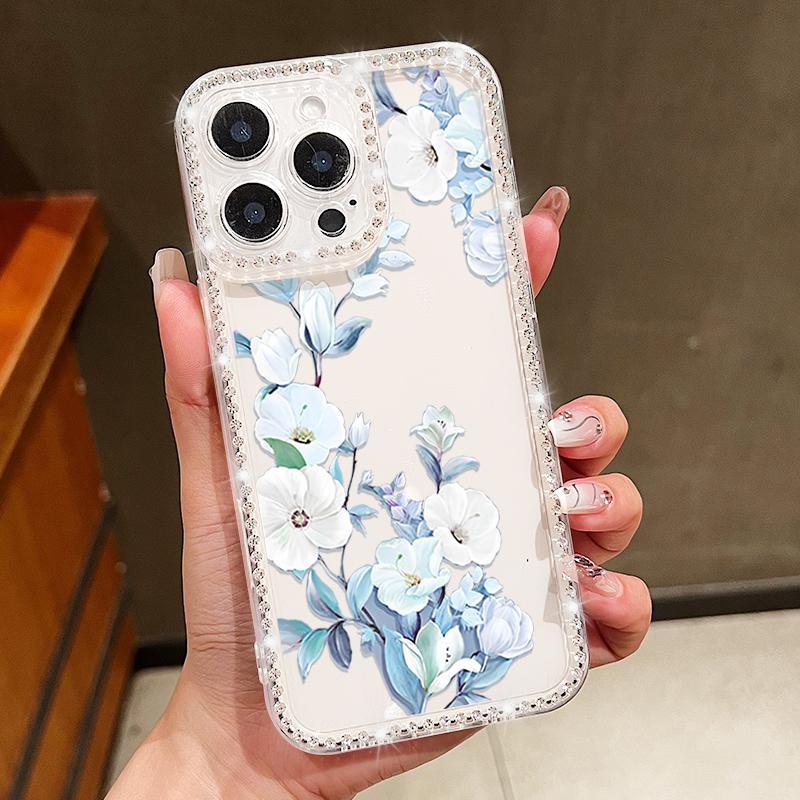 Floral Pattern Clear Shockproof Phone Case For iPhone 16E 16 Pro Max 15 Pro 14 13 12 11 Diamond Frame Anti-Fall Soft Silicone Bumper Cover