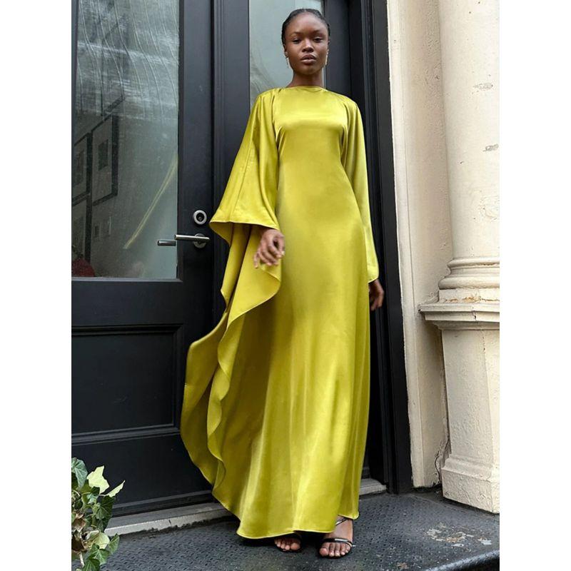 round Neck Satin Batwing Sleeve Loose Dress Catwalk Fashion Long dress Spring round Neck Satin Dress