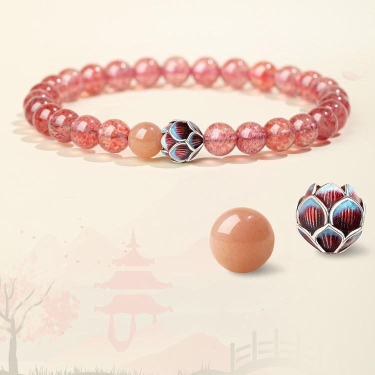 Putuo Mountain Natural Strawberry Crystal Bracelet for Women with Lotus Beads for Good Love Luck and Marriage, Pink Crystal Bracelet