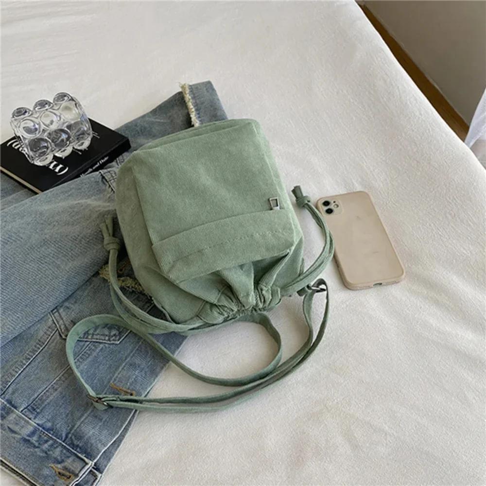 Corduroy Drawstring Crossbody Bag Casual Bucket Purse with Adjustable Strap for Daily Use Travel Shopping School