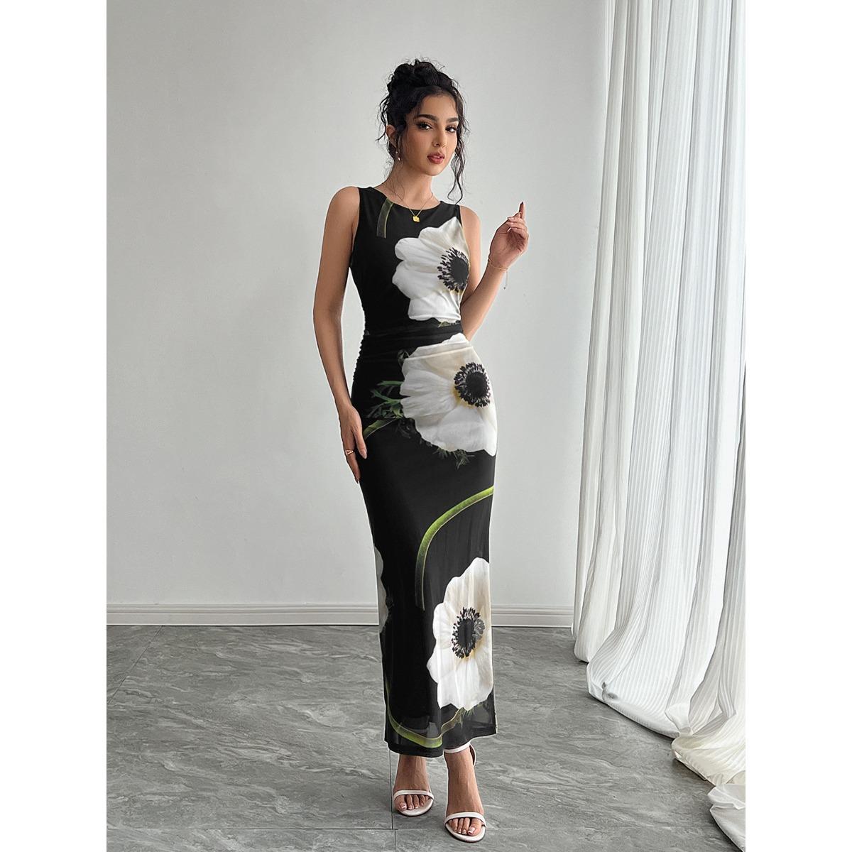 Women s Round Neck Sleeveless Mesh Midi Dress Bodycon Mid Rise Elegant Floral Print Pencil Dress S