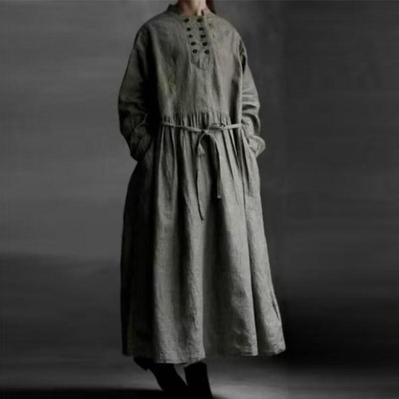 Johnature Spring Autumn Dress Retro Stand Collar Tie Long Sleeve Loose Simple Women Dresses