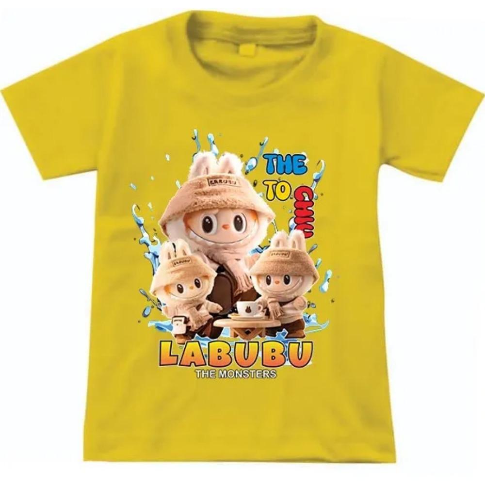

2025 Новая детская футболка с принтом Лабубу, рисунок пьющего чай Лабубу, для девочки, с круглым вырезом, с коротким рукавом, модная, универсальная одежда 100