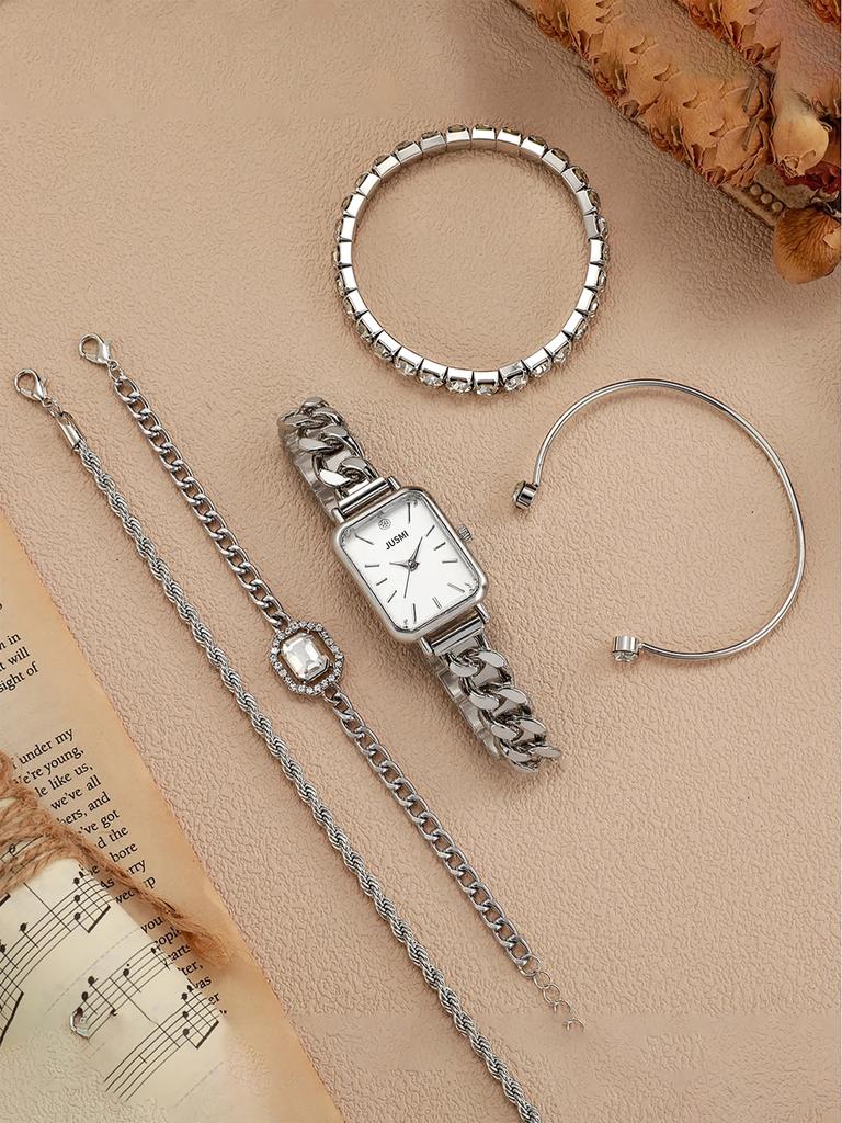 Fashionable Simple Square Dial No Number Alloy Women's Quartz Watch Set with Diamond Bracelet 5 Piece Set for Christmas and Than