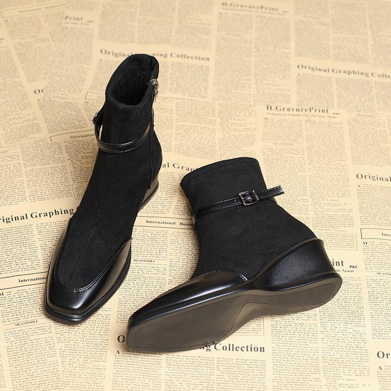 Slope Heel Short Boots Women's Autumn and Winter New Fashion Suede Elastic Thin Boots Belt Buckle High Heel Boots