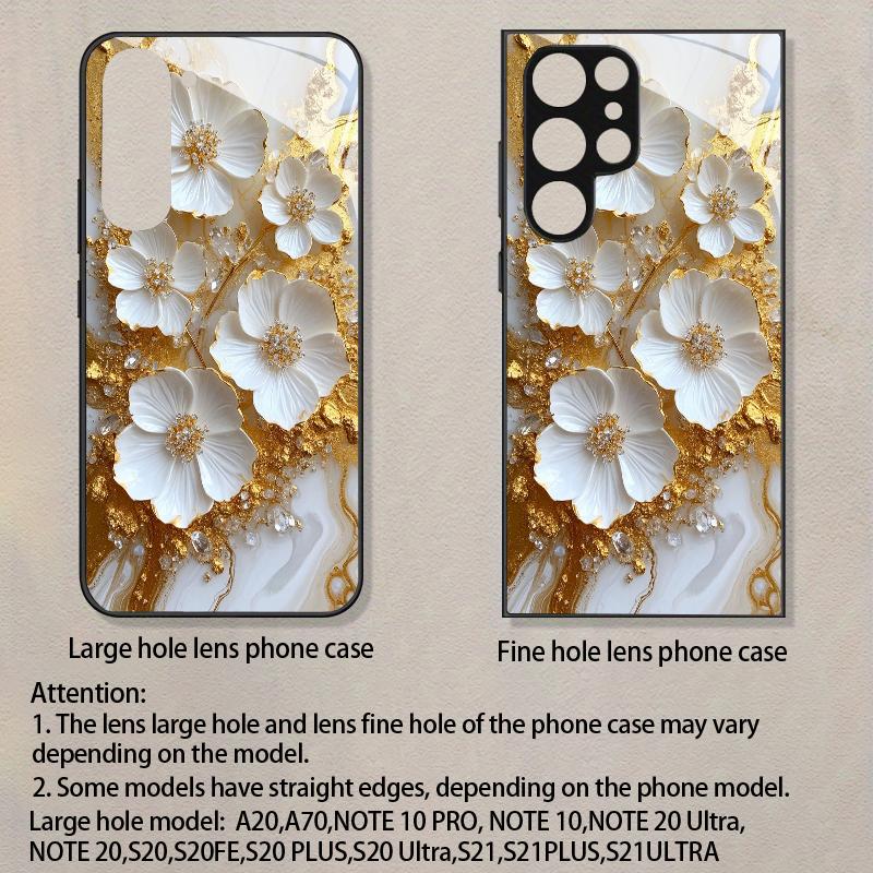 3D White Flower Pattern 2D Tempered Glass Phone Case for Samsung S26 S25 S24 S23 S22 S21 S20 A56 A36 A16Durable Protective Cover